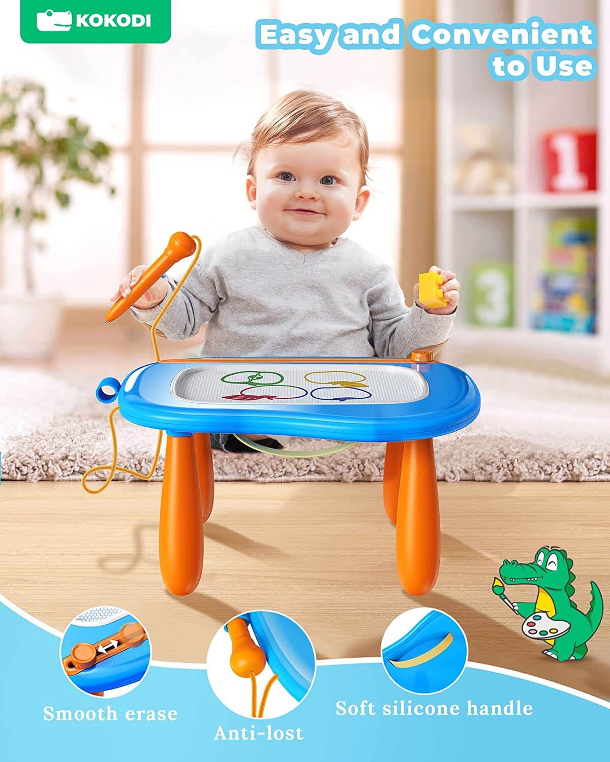 KOKODI Toddler Magnetic Drawing Board with Sturdy Legs - Left Hands Friendly