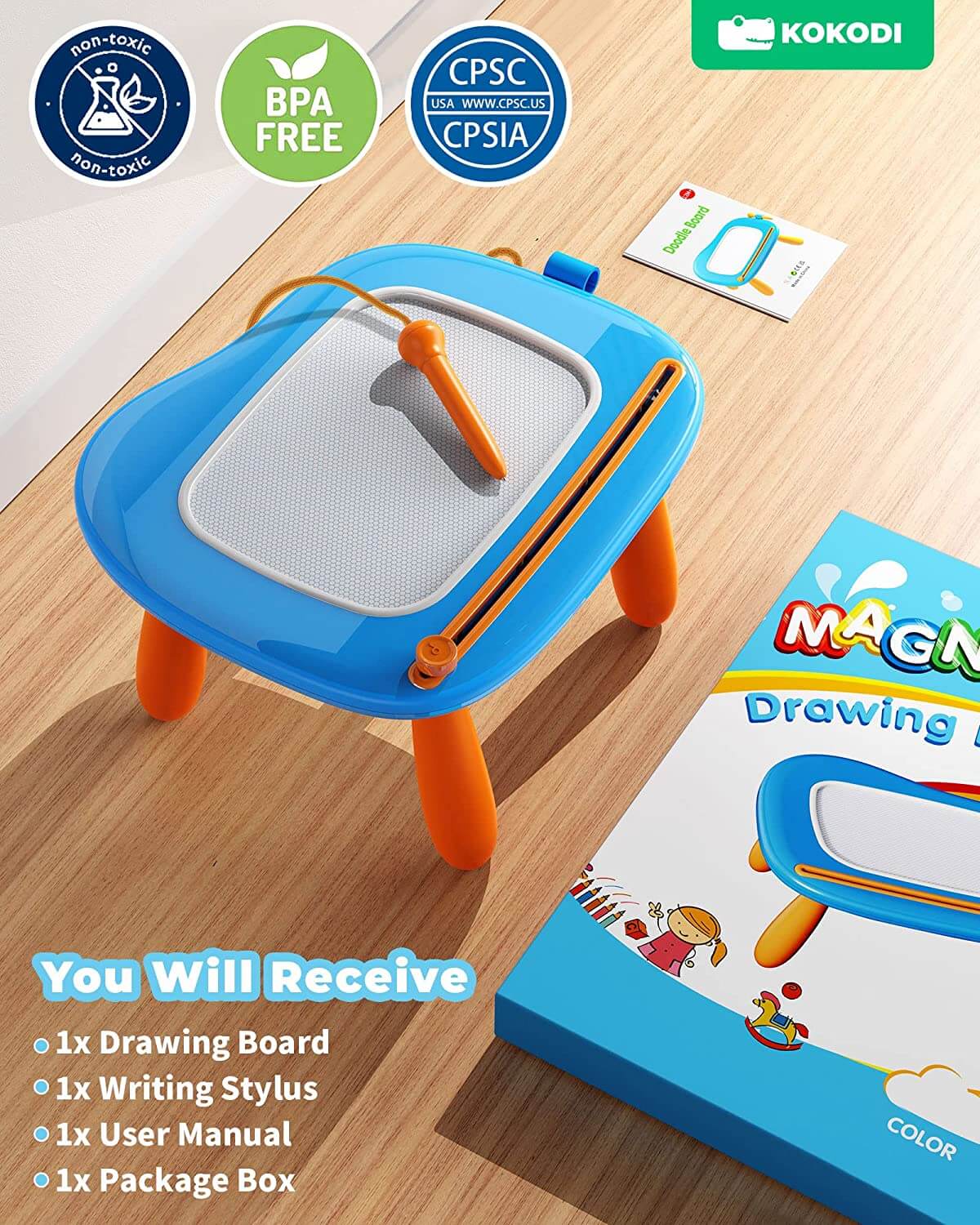 KOKODI Toddler Magnetic Drawing Board with Sturdy Legs - Left Hands Friendly