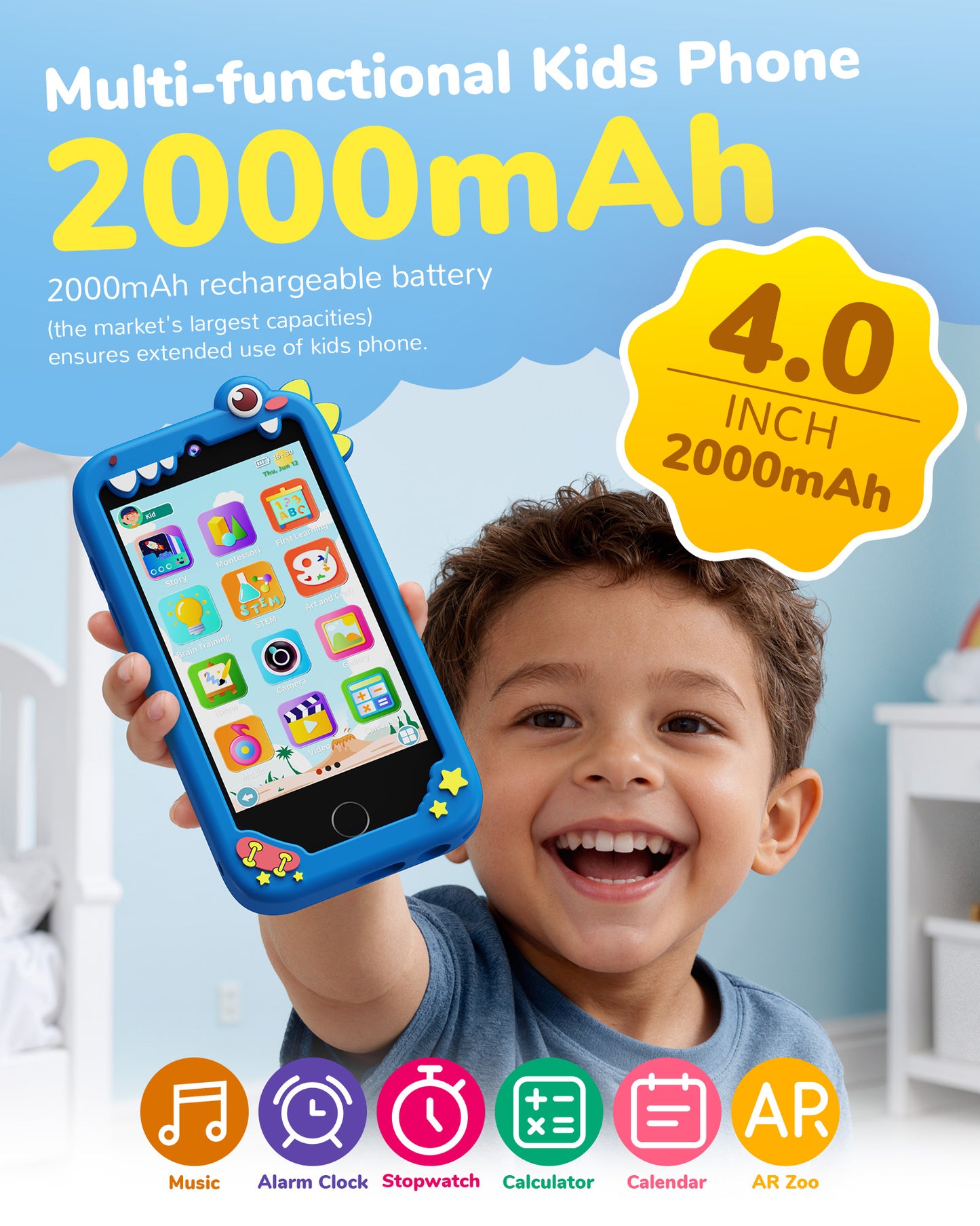 KOKODI Kids Smart Phone, Touchscreen HD Dual Camera Cell Phone for Kids, Christmas Birthday Gifts Dinosaur Child Play Phone for Boys 3-10, Travel Toy Preschool Learning Education Toy