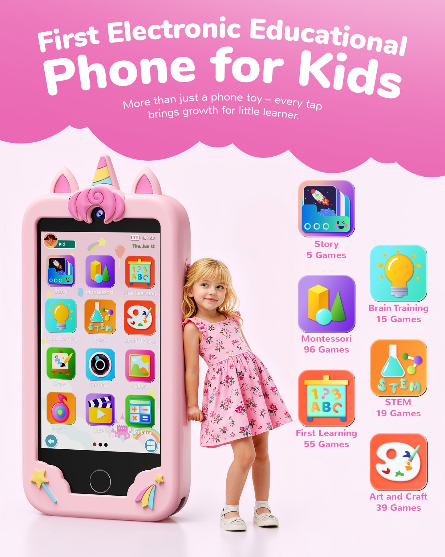 KOKODI Kids Smart Phone, Touchscreen HD Dual Camera Cell Phone for Kids, Christmas Birthday Gifts Dinosaur Child Play Phone for Girls 3-10, Travel Toy Preschool Learning Education Toy