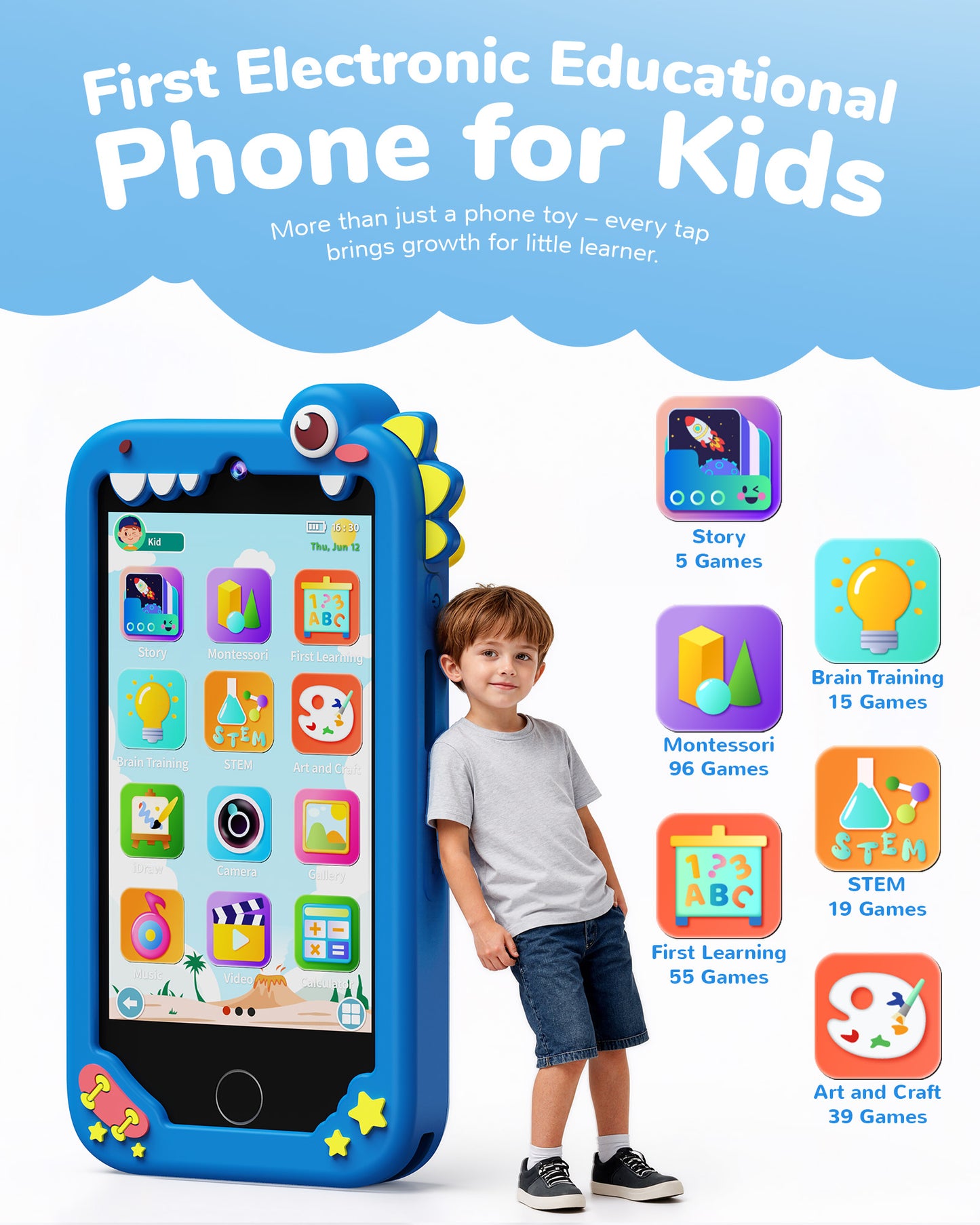 KOKODI Kids Smart Phone, Touchscreen HD Dual Camera Cell Phone for Kids, Christmas Birthday Gifts Dinosaur Child Play Phone for Boys 3-10, Travel Toy Preschool Learning Education Toy