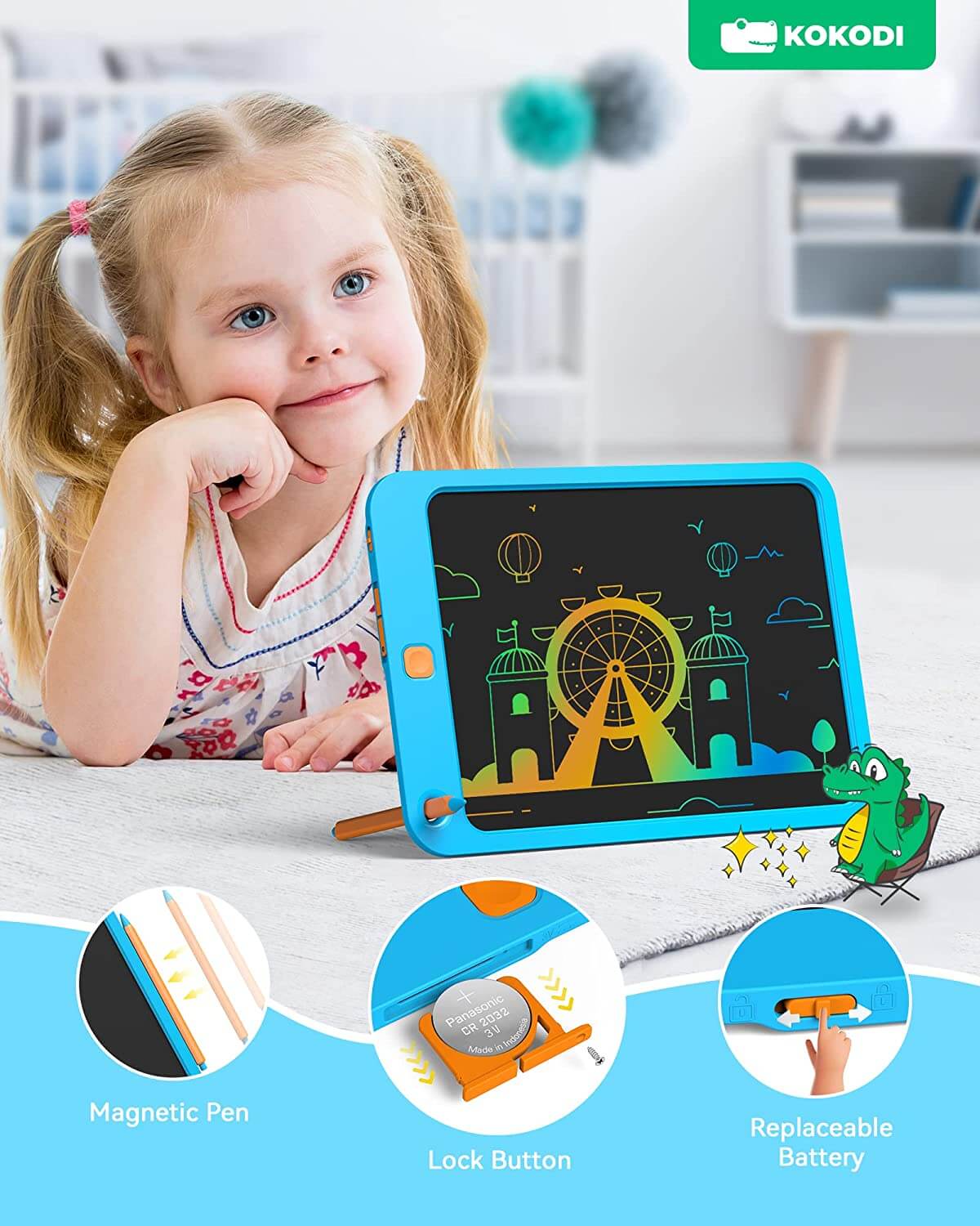 KOKODI 10 Inch Colorful Toddler LCD Writing Tablet Drawing Tablet, Erasable Reusable Electronic Drawing Pads